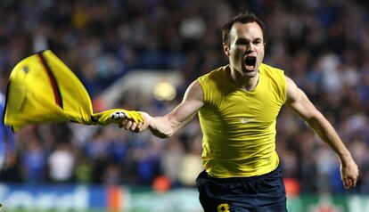 Iniesta celebra el gol a Stamford Bridge, que va donar el passi a la final de la Champoions del 2009.