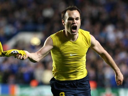 Iniesta celebra el gol a Stamford Bridge, que va donar el passi a la final de la Champoions del 2009.