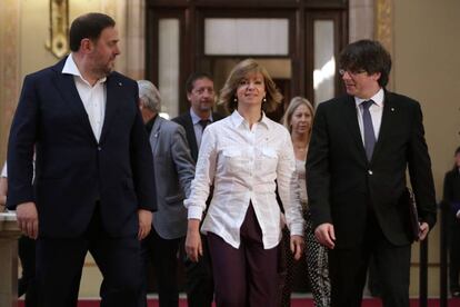 Oriol Junqueras, Meritxell Borràs i Carles Puigdemont al Parlament.