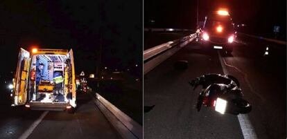 Una ambulancia del Summa y la moto caída tras el accidente.