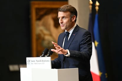 A moment of the intervention of the president of France, Emmanuel Macron, at the Louvre Museum.