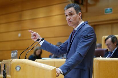 El presidente del Gobierno, Pedro Sánchez, durante su intervención en el pleno del Senado, este martes.