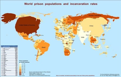 Mapamundi amb les mides dels països ajustades segons la seva població empresonada.