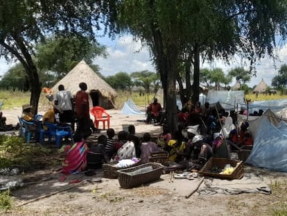 Un grupo de personas se refugia bajo un árbol en Gezire, en el condado de Koch. Imagen cedida por Nyaguir Gatgok