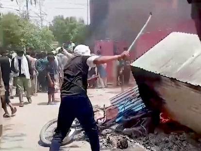 Furniture and other belongings of a church are set on fire, in Jaranwala, Pakistan, on August 16, 2023.