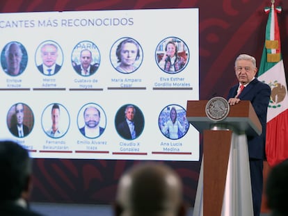 López Obrador proyecta los nombres de algunos de los convocantes a la protesta en defensa del INE, este lunes.