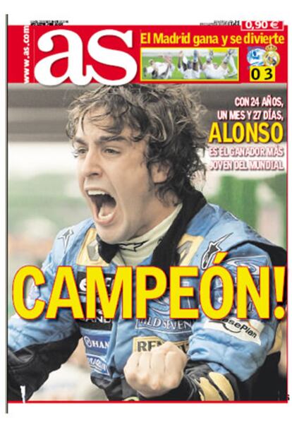 <I>As</I> une portada y contraportada para dar mayor gloria al piloto español y titula: "`Rabia de campeón!", añadiendo que "con 24 años, un mes y 27 días, Alonso es el ganador más joven del Mundial". Destaca también otras frases del campeón en diversos sumarios, entre ellas: "Este título se lo dedico a mi familia y mis amigos de verdad, que son tres o cuatro". "Nunca tuvimos el apoyo de un estamento oficial". "El Rey me dijo que se pasó toda la carrera con los dedos cruzados" y  "También quiero dar las gracias a España y a toda la afición".