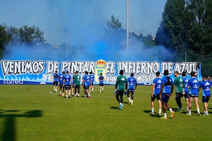 Los jugadores del Real Oviedo en uno de los últimos entrenamientos en Oviedo antes del partido de vuelta de la final del play-off de este sábado ante el Mirandés.