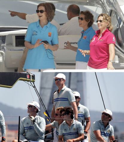 Arriba, la Reina, acompañada de unas amigas en la lancha <i>Somni</i>. Abajo, el Príncipe a bordo del yate <i>CAM,</i> en el primer día de regatas.