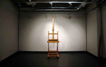 An easel is pictured inside a private showroom in a warehouse of Geneva Ports Francs (Free Ports) during a media visit in Geneva, Switzerland