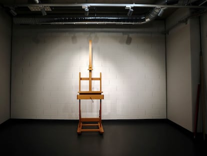 An easel is pictured inside a private showroom in a warehouse of Geneva Ports Francs (Free Ports) during a media visit in Geneva, Switzerland