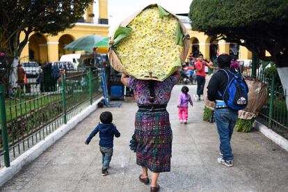 Una mujer indígena transporta un saco de flores el 6 de marzo de 2019 en San Juan Sacatepequez, Guatemala.