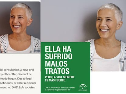 Photo of woman in dental clinic ad (l) also used to represent a victim of abuse (r).