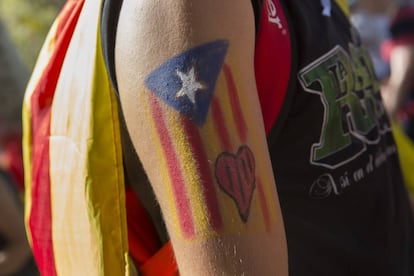 Una noia amb una estelada al braç a la manifestació de la Diada.