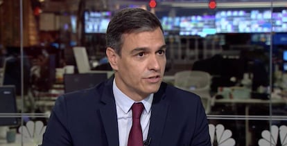 Pedro Sánchez in New York during an interview on the television program 'Morning Joe.'