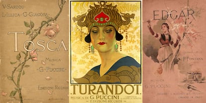 Carteles de las óperas de Giacomo Puccini 'Tosca', 'Turandot' y 'Edgar'.