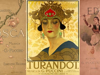 Carteles de las óperas de Giacomo Puccini 'Tosca', 'Turandot' y 'Edgar'.