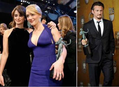 Penélope Cruz, con Kate Winslet a la entrada de la ceremonia. A la derecha, el premiado Sean Penn.