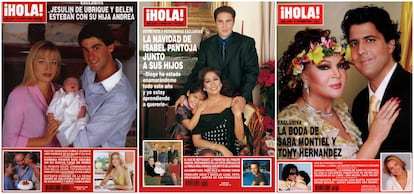 De izquierda a derecha, Belén Esteban y Jesulín de Ubrique posan con su primera hija, en agosto de 1999; Isabel Pantoja, acompañada de sus dos hijos, en una portada de la revista en enero de 2001; y la exclusiva de la boda de Sara Montiel con Tony Hernández, en octubre de 2002.