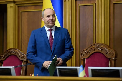 El político Andrii Parubii, durante una sesión en el Parlamento ucranio, en septiembre de 2017 en Kiev.
