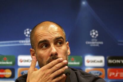 Pep Guardiola, durante su conferencia de prensa de ayer en Minsk.