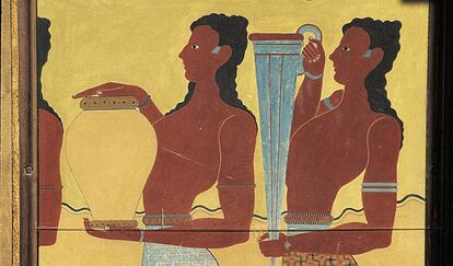 Fresco que representa a dos sirvientes transportando ánforas en el palacio de Knossos, en Creta (Grecia).