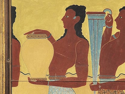 Fresco que representa a dos sirvientes transportando ánforas en el palacio de Knossos, en Creta (Grecia).