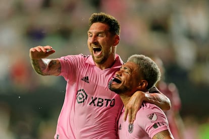 Inter Miami CF forward Lionel Messi (10) celebrates with forward Josef Martinez (17) after scoring a goal against Cruz Azul during the second half at DRV PNK Stadium.