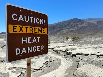 An extreme heat warning sign in Death Valley, California.