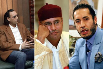 De izquierda a derecha, Aníbal, Saif al Islam y Saadi, tres de los hijos varones del líder libio Muamar el Gadafi.