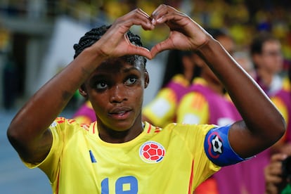 Linda Caicedo festeja un gol contra Corea del Sur, este miércoles en Cali (Colombia).