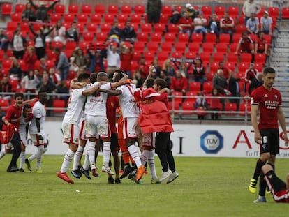 Los jugadores del Mallorca celebran el ascenso en Anduva.