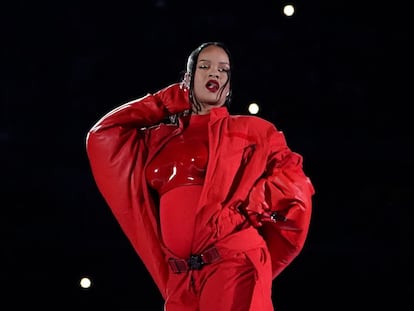 Barbadian singer Rihanna performs during the halftime show of Super Bowl LVII between the Kansas City Chiefs and the Philadelphia Eagles at State Farm Stadium in Glendale, Arizona, on February 12, 2023.