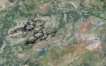 Plano topográfico de las cuevas subterráneas en Cantabria, al norte de España.