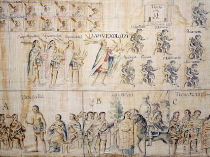 Fragmento de copia en lienzo del Códice de Tlaxcala siglo XVIII.