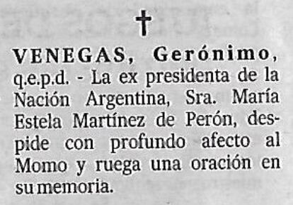 El aviso f&uacute;nebre enviado por Isabelita a La Naci&oacute;n.