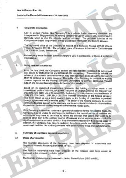 Documento de los estados financieros de Law in Context Pte. Ltd elaborado por la consultora Ernst & Young.