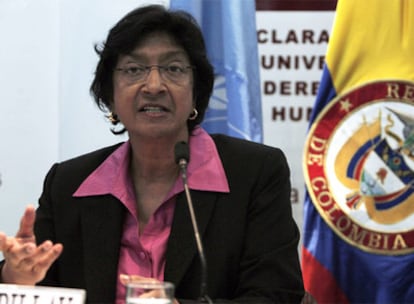 La alta comisionada de la ONU Navi Pillay compareció este sábado ante la prensa al concluir su visita a Colombia.