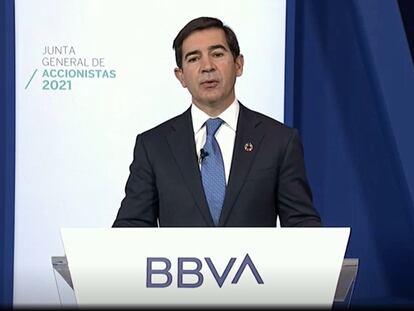 El presidente de BBVA, Carlos Torres, en la junta general ordinaria de 2021.