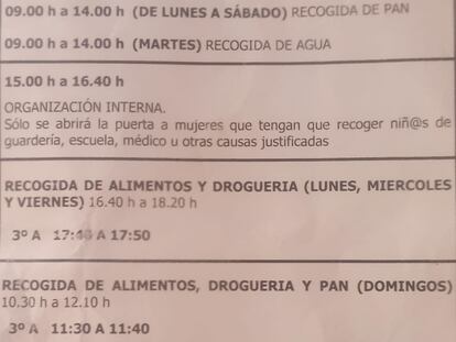 Horarios de una de las casas de acogida.