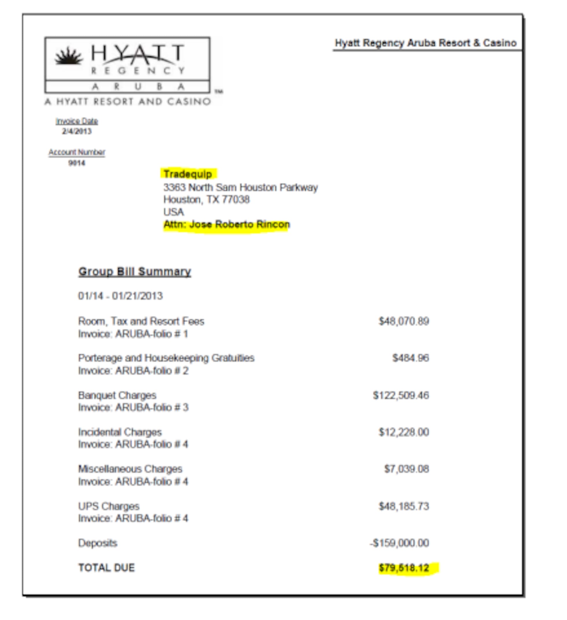 Factura del hotel Hyatt de Aruba a nombre de José Rincón