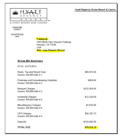 Factura del hotel Hyatt de Aruba a nombre de José Rincón