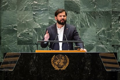 Gabriel Boric presidente de Chile se dirige a la 79.ª Asamblea General de las Naciones Unidas en la sede de las Naciones Unidas en la ciudad de Nueva York, EE.UU., el 24 de septiembre de 2024.