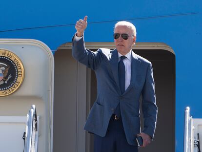 President Joe Biden gestures as he boards Air Force One at Andrews Air Force Base, Md., Tuesday, April 11,2023. Biden is visiting Ireland and neighboring Northern Ireland to mark the 25th anniversary of the Good Friday Agreement, confer with top officials on current issues and honor his Irish ancestors. (AP Photo/Manuel Balce Ceneta)