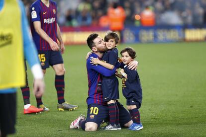 Leo Messi, durante la celebración de la victoria del Barça.