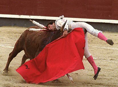 Jarocho es empitonado por su segundo toro.