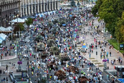 People attend an exhibition displaying destroyed Russian military vehicles located on the main street Khreshchatyk as part of the celebration of the Independence Day of Ukraine, amid Russia's invasion, in central Kyiv, Ukraine August 24, 2023.