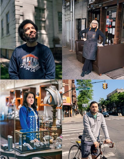 Arriba, Emmanuel Abreu, cofundador de una librería comunitaria en Washington Heights; y la chef Maria Loi delante de su restaurante, que sirvió comida a sanitarios e indigentes en los tiempos más duros de la pandemia. Debajo, Inna Zelikson en su joyería de la estación Grand Central, y Erwin Figueroa, de Transportation Alternatives. 