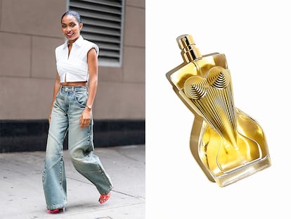 A la izda., Yara Shahidi en un evento promocional y, a la dcha., la fragancia vegana de la que es imagen, Gaultier Divine Eau de Parfum, de JEAN PAUL GAULTIER.