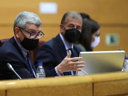 El presidente de RTVE, José Manuel Pérez Tornero, durante su primera comparecencia en la Comisión Mixta de Control Parlamentario de la Corporación RTVE y sus Sociedades, este lunes en el Senado.